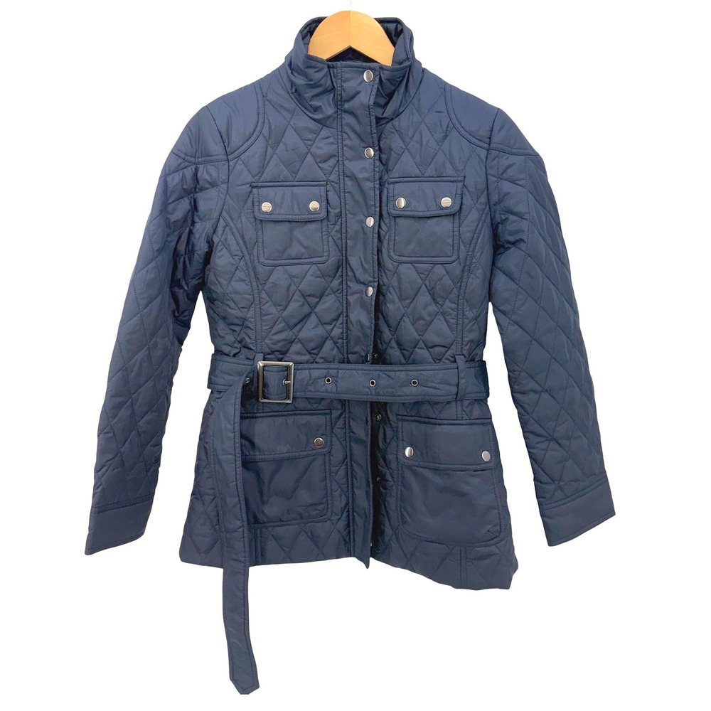 Banana Republic Petite M Navy Quilted Belted Utility Field Jacket Polka Dot Coat